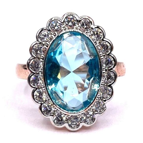 .925 Sterling Silver Rose Gold with Blue and White Cubic Zirconia Ring Size 6 - Picture 1 of 6